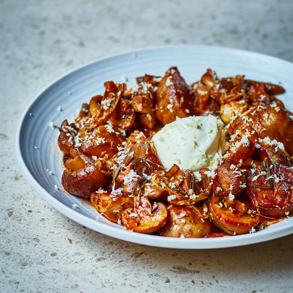 Braised Jerusalem Artichokes and Mushrooms with Tagine Paste, crème fraiche and horseradish