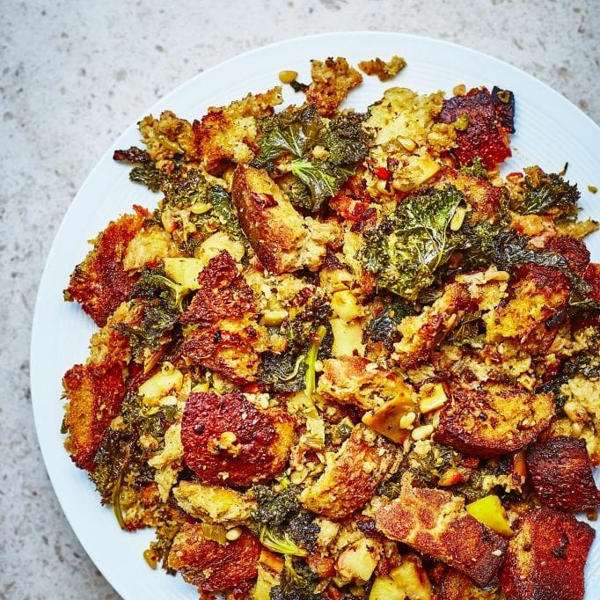 Bread Stuffing with Basil Pesto, Bacon, Kale and Apple