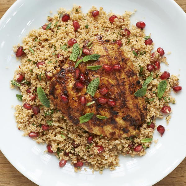 Butterflied Spiced Chicken and Pomegranate Couscous with Rose Harissa