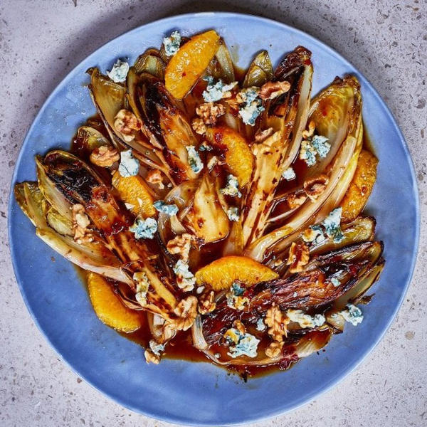 Caramelised Chicory with Smoked Chilli Jelly, Bleu d’auvergne, Oranges and Walnuts