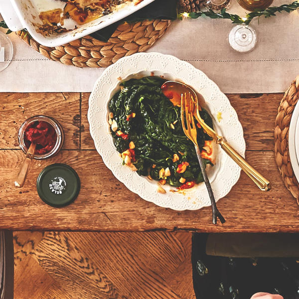 Cavolo Nero with Apricot Harissa, Lemon and Toasted Almonds