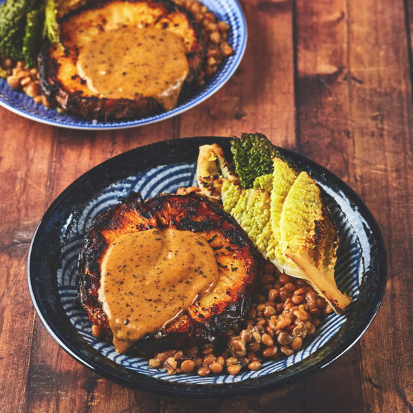 Celeriac Steaks with Urfa Chilli Paste, Lentils and Savoy Cabbage