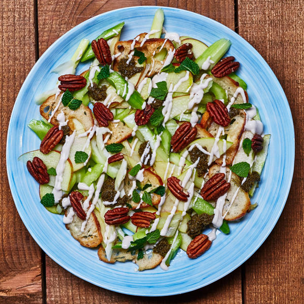 Celery, apple and Tahini salad with Zhoug, crisp bread and pecans