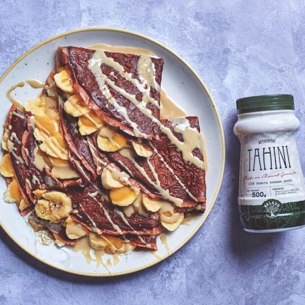 Chocolate Pancakes with Salted Caramel and Tahini