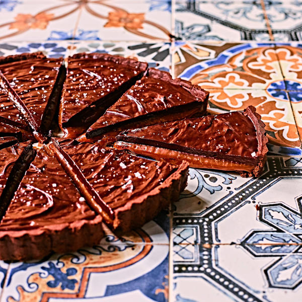 Chocolate and salted balsamic caramel tart