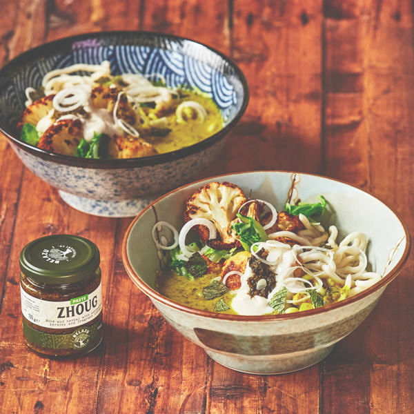 Coconut, Zhoug and Lemon Noodle Soup with Roasted Cauliflower