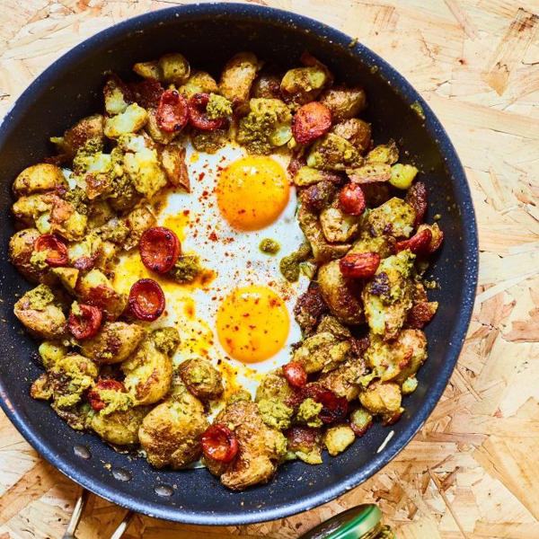 Crispy New Potatoes with Basil Pesto, Fried Eggs and Chorizo