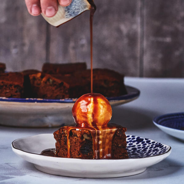 Date, Apricot and Walnut pudding with Date Molasses Caramel Sauce