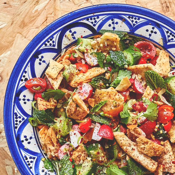 Fattoush Salad with Traditional Genovese Pesto Dressing