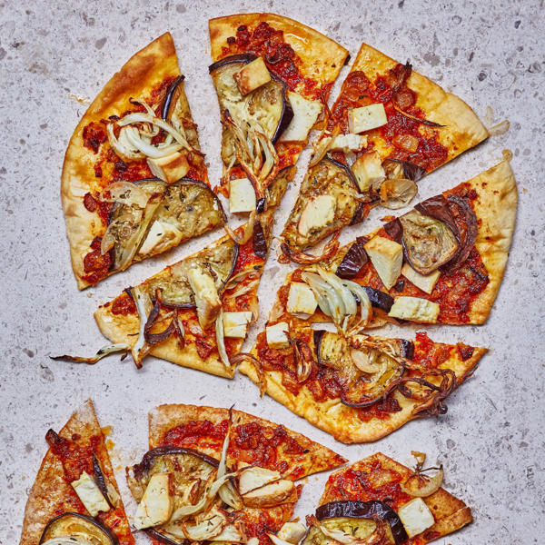 Flat breads with aubergines, fennel, smoked tofu, Preserved Lemon and Rose Harissa Pesto   Print