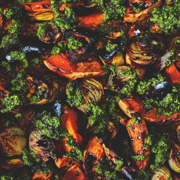 Freekeh and Chermoula traybake with roasted vegetables and Green Olive Tapenade salsa