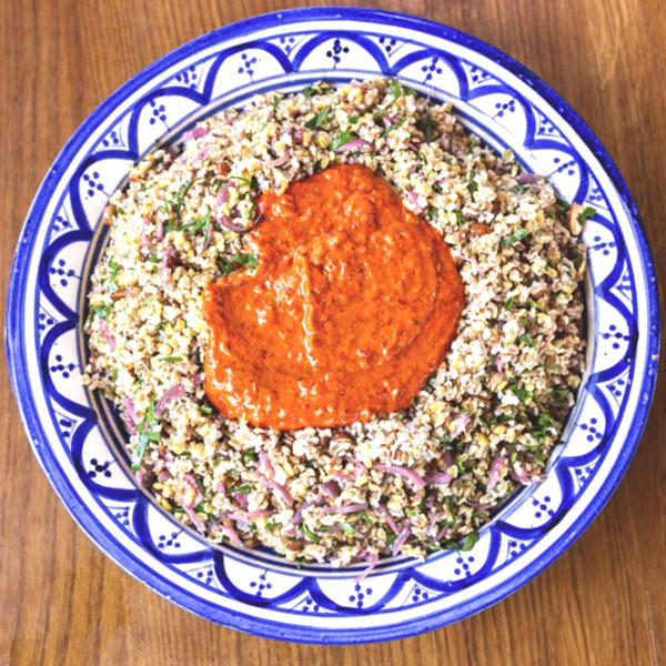 Freekeh Salad with Pickled Red Onions & Piquillo Pepper Dressing