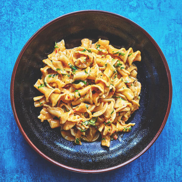 Gigli Pasta with a creamy Rose Harissa & Preserved Lemon Sauce