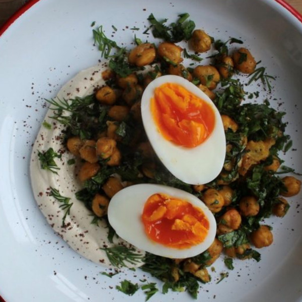 Harissa roasted chickpeas with tahini yogurt and jammy eggs