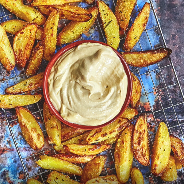 Home-made chips with roast garlic and Dijon Mustard Aioli