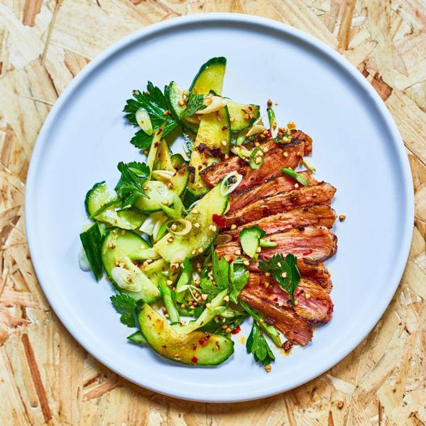 Iberico Pork Secreto, Rose Harissa and a Cucumber, Kasha and Caraway Salad