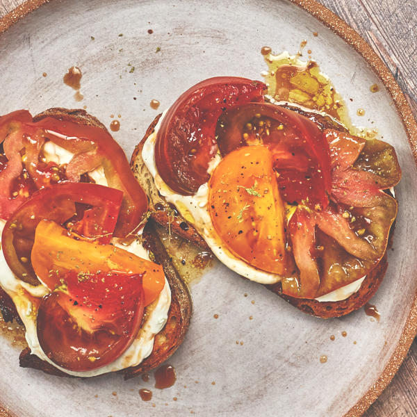 Isle of Wight Tomatoes and Ricotta on Toast with Fig Leaf Vinegar