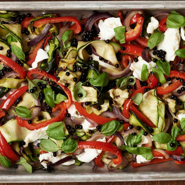 Mediterranean Vegetables with Buffalo Mozzarella and Balsamic Pearls