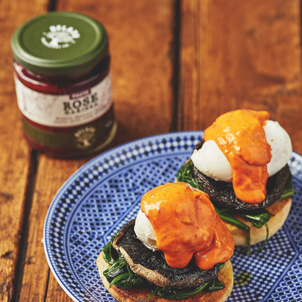 Mushroom and spinach benedict with Rose Harissa Hollandaise