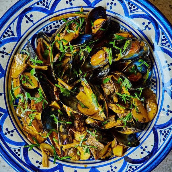 Mussels with Wild and Cultivated Mushrooms, Tagine Paste and Creme Fraiche