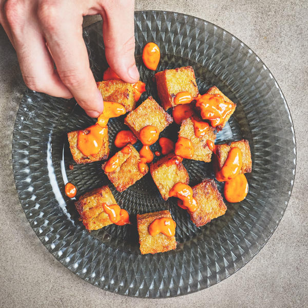 Olive and Polenta Bites with Rose Harissa Mayo