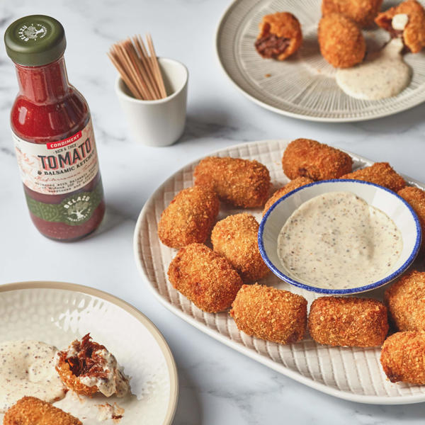 Oxtail Croquettes with Tomato and Balsamic Ketchup and Wholegrain Mustard Dip