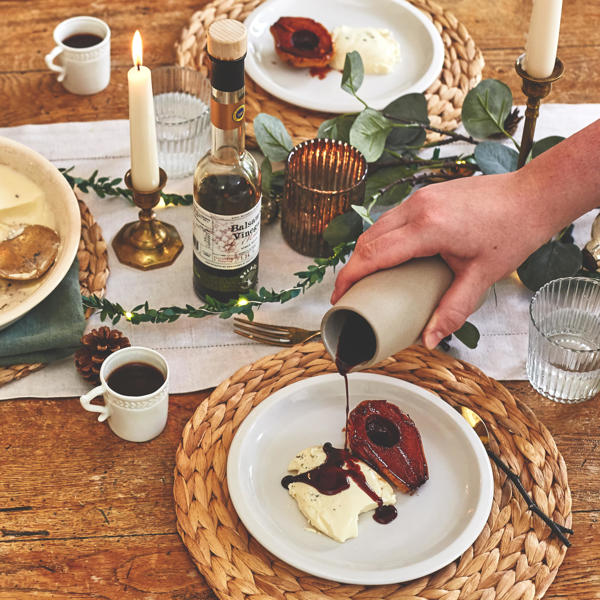 Panna Cotta with Balsamic and Red Wine Caramelised Pears