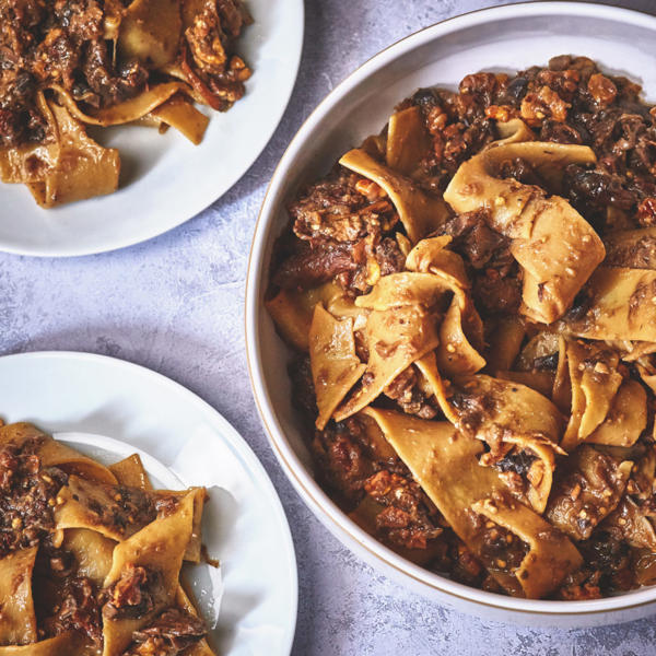 Pappardelle with Aubergine, Walnut, Dried Chanterelle and Porcini Mushroom Ragu