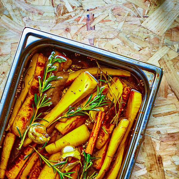 Parsnips cooked in Early Harvest olive oil with Balsamic Pearls and Sweet Smoked Paprika