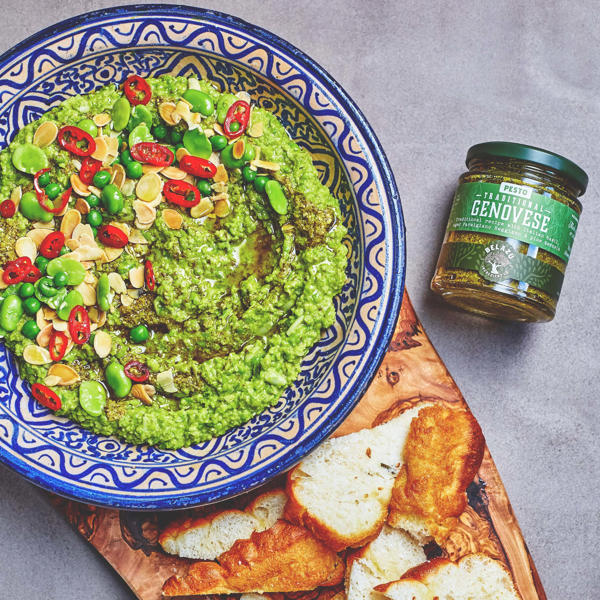 Pea, broad bean and Traditional Genovese Basil Pesto dip