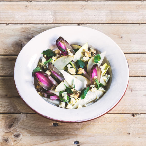 Pear, Chicory and Blue Cheese Salad with Walnuts & a Honey & Truffle Oil Dressing