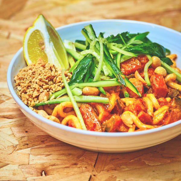 Pumpkin and coconut noodles with Ripe Spice, cucumber, lemon and peanuts