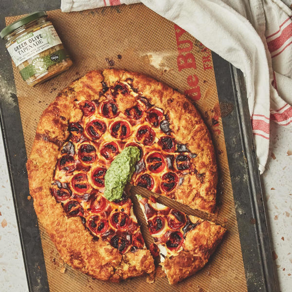 Ricotta, tomato and green olive galette with a basil yoghurt