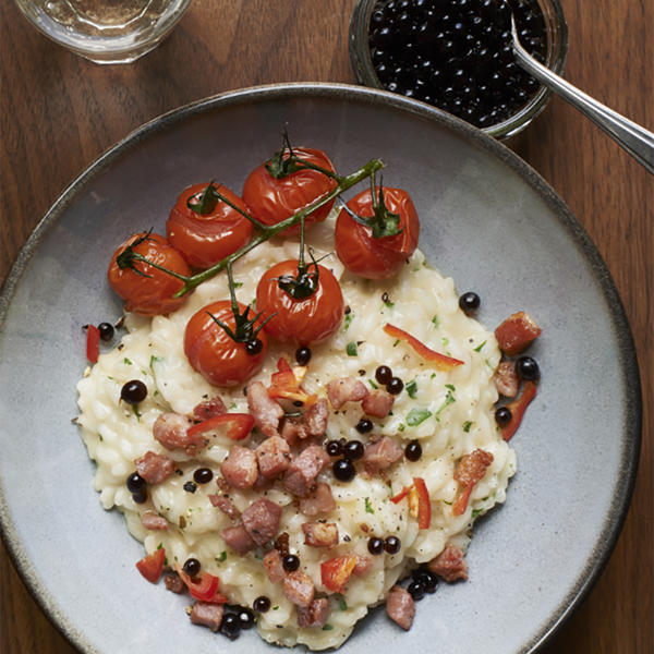 Risotto of Pancetta, Roasted Tomatoes, Chilli and Parmesan Topped with Balsamic Pearls