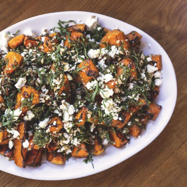 Roast carrots, Verbena Harrissa, labneh and sesame seeds