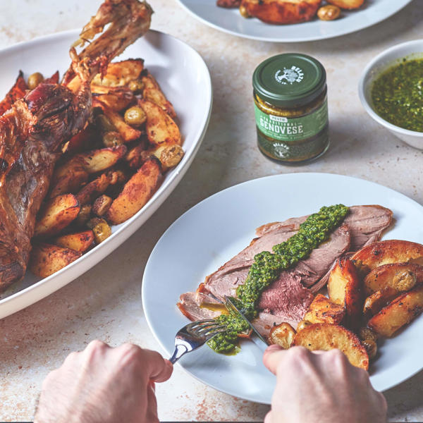 Roast Mutton Leg with Wild Garlic and Basil Pesto and Greek Style Potatoes with Lemon and Olives