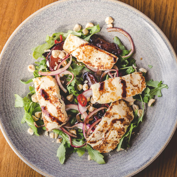 Roast Plum, Halloumi and Pickled Red Onion Salad