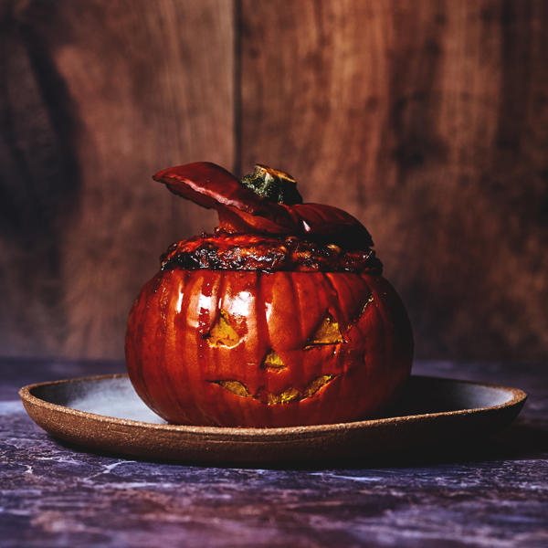 Roasted Pumpkin filled with Malloredus, Chorizo and Aubergine and Parmesan Pesto 