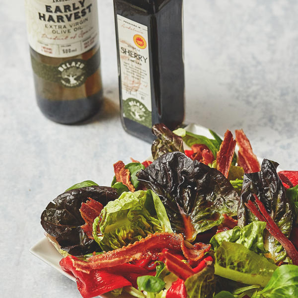 Roast red pepper and bacon salad with a Sherry Vinegar dressing