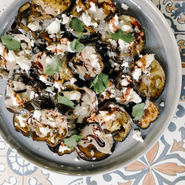 Roasted aubergines with Tahini, Date Molasses, feta and Lemon Oil