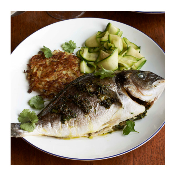 Roasted Sea Bream with Crisp Potato Cakes & Sautéed Courgettes