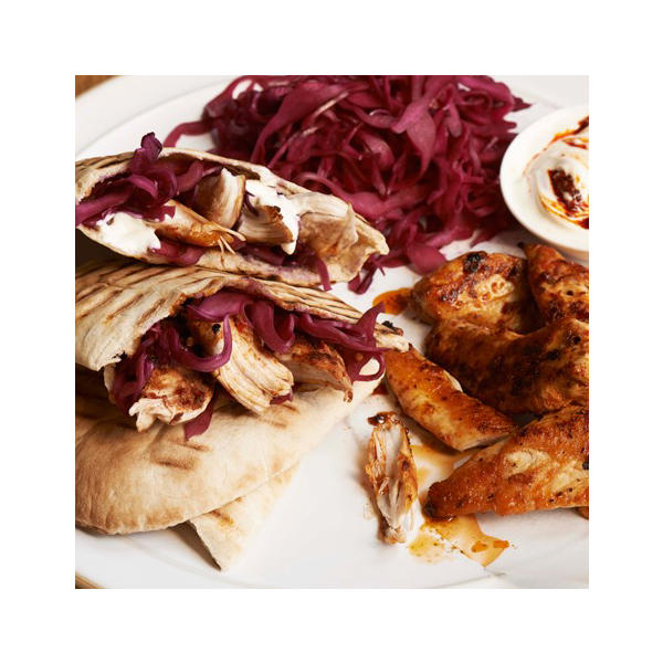 Rose Harissa Chicken with Pickled Red Cabbage and Toasted Pitta Bread