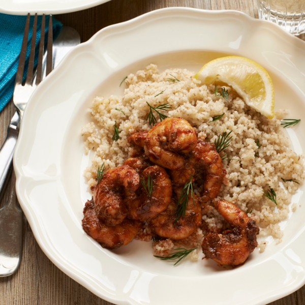 Rose Harissa Prawns with Dill and Lemon Couscous