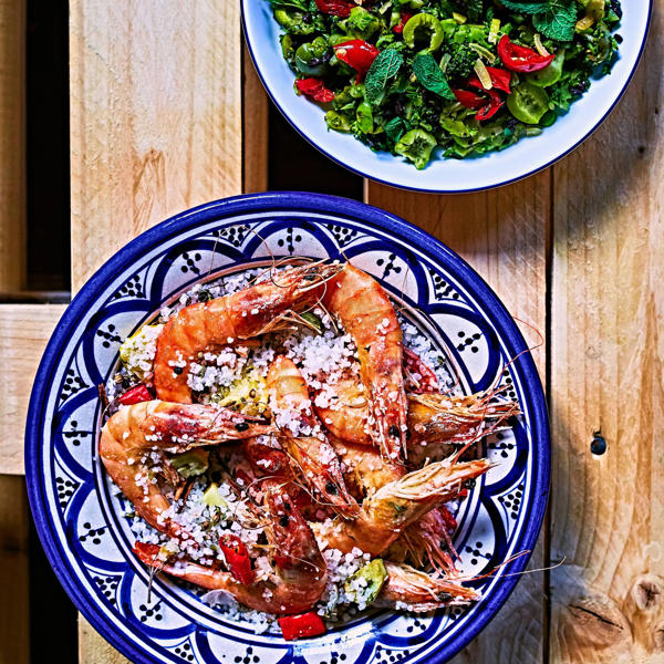 Salt baked prawns with a Black Venus Rice & Preserved Lemon salad