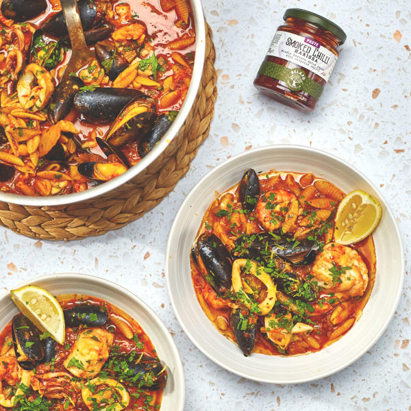 Seafood, Tomato and Smoked Chilli Harissa Stew with Malloredus