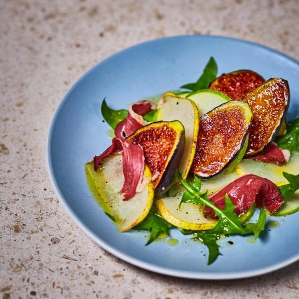 Seared Fig, Apple and Pear Salad with Smoked Duck and White Balsamic Vinegar