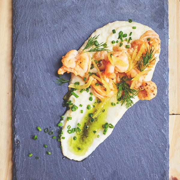 Seared tiger prawns & cauliflower with Preserved Lemon dressing