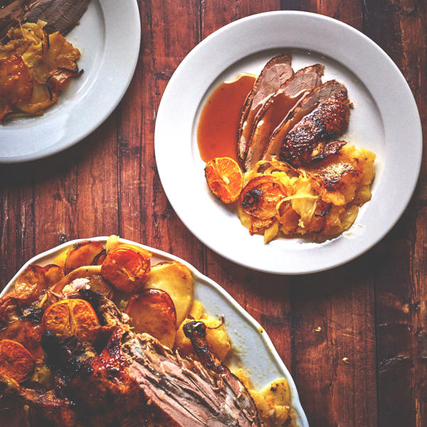 Shawarma Spiced Roast Duck with Clementine, Potatoes and Onions