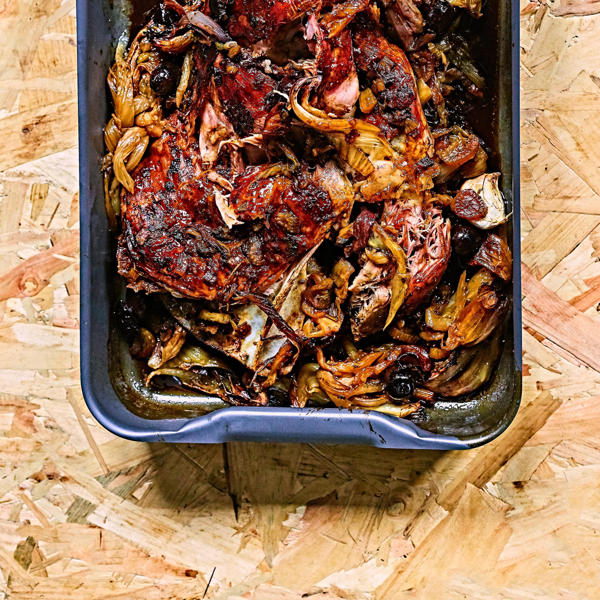 Slow roasted lamb with Balsamic Vinegar, fennel, celery and black olives