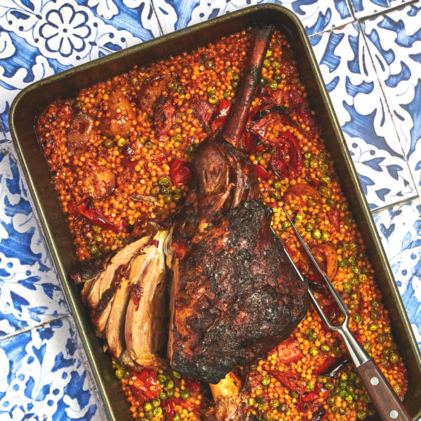 Slow Roasted Lamb Leg with Apricot Harissa, Beldi Preserved Lemons, Giant Couscous and Balsamic Semi Dried Tomatoes